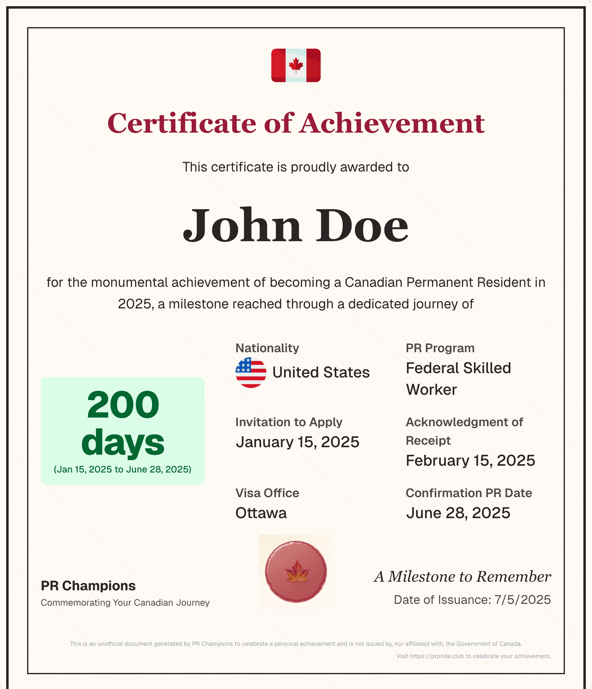 Sample Certificate of Canadian Achievement